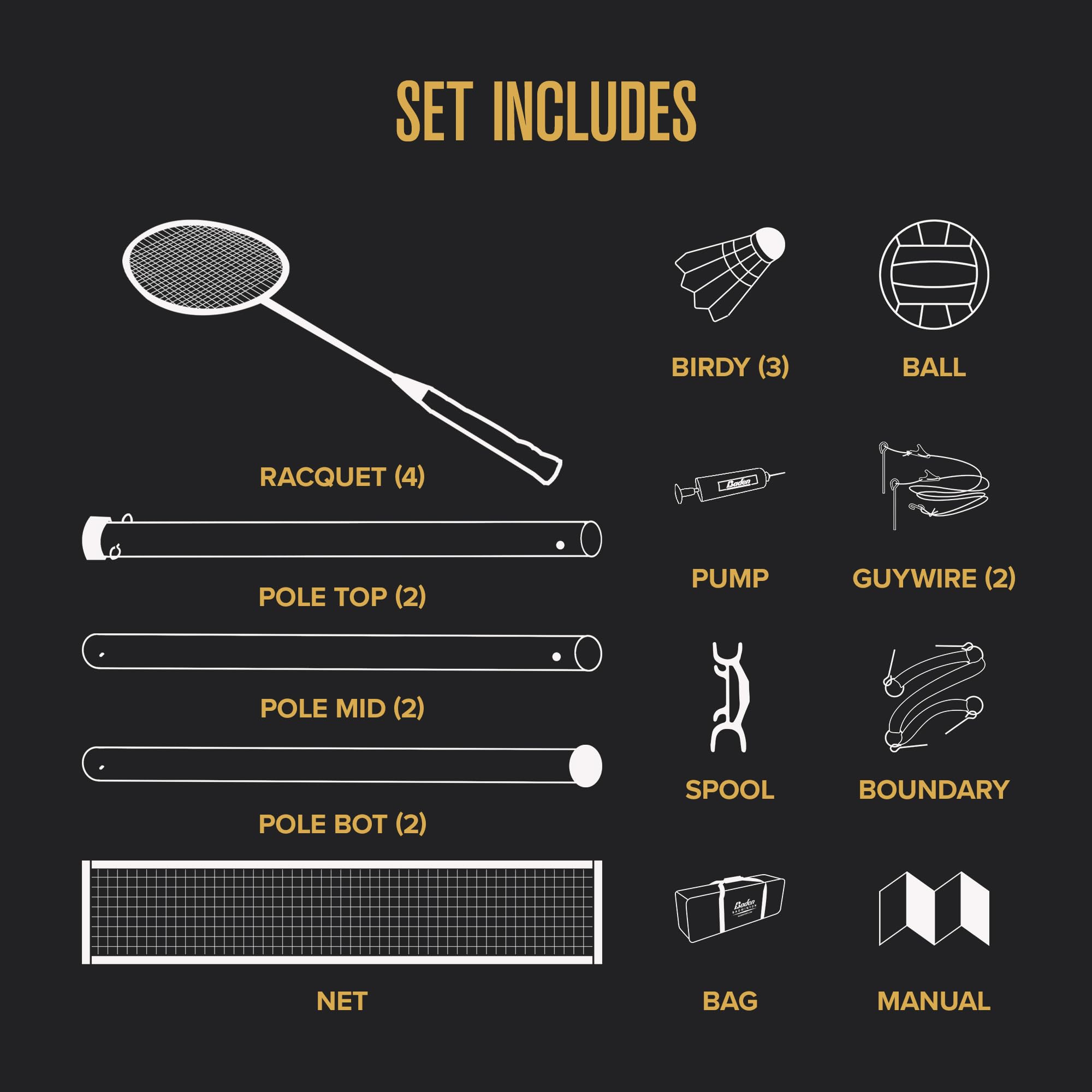 Baden Champions Volleyball/Badminton Portable Combo Set Orange/Blue Official Size 32 ft Wide Net + 4 Raquets + 3 Birdies + Boundary + Volleyball + Pump + Carry Bag