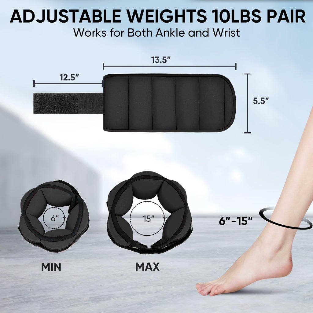 APEXUP 10lbs/Pair Adjustable Ankle Weights for Women and Men, Modularized Leg Weight Straps for Yoga, Walking, Running, Aerobics, Gym (Black)