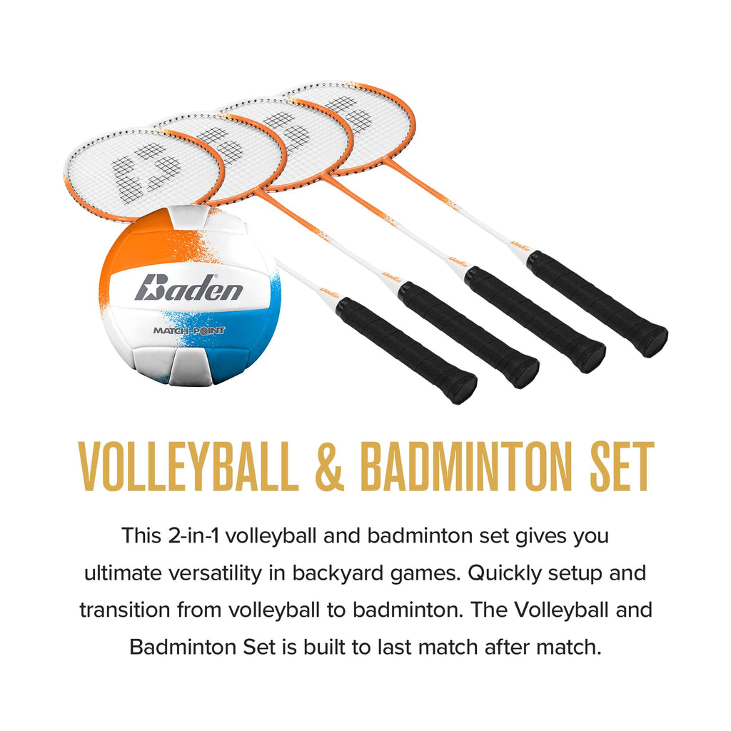 Baden Champions Volleyball/Badminton Portable Combo Set Orange/Blue Official Size 32 ft Wide Net + 4 Raquets + 3 Birdies + Boundary + Volleyball + Pump + Carry Bag