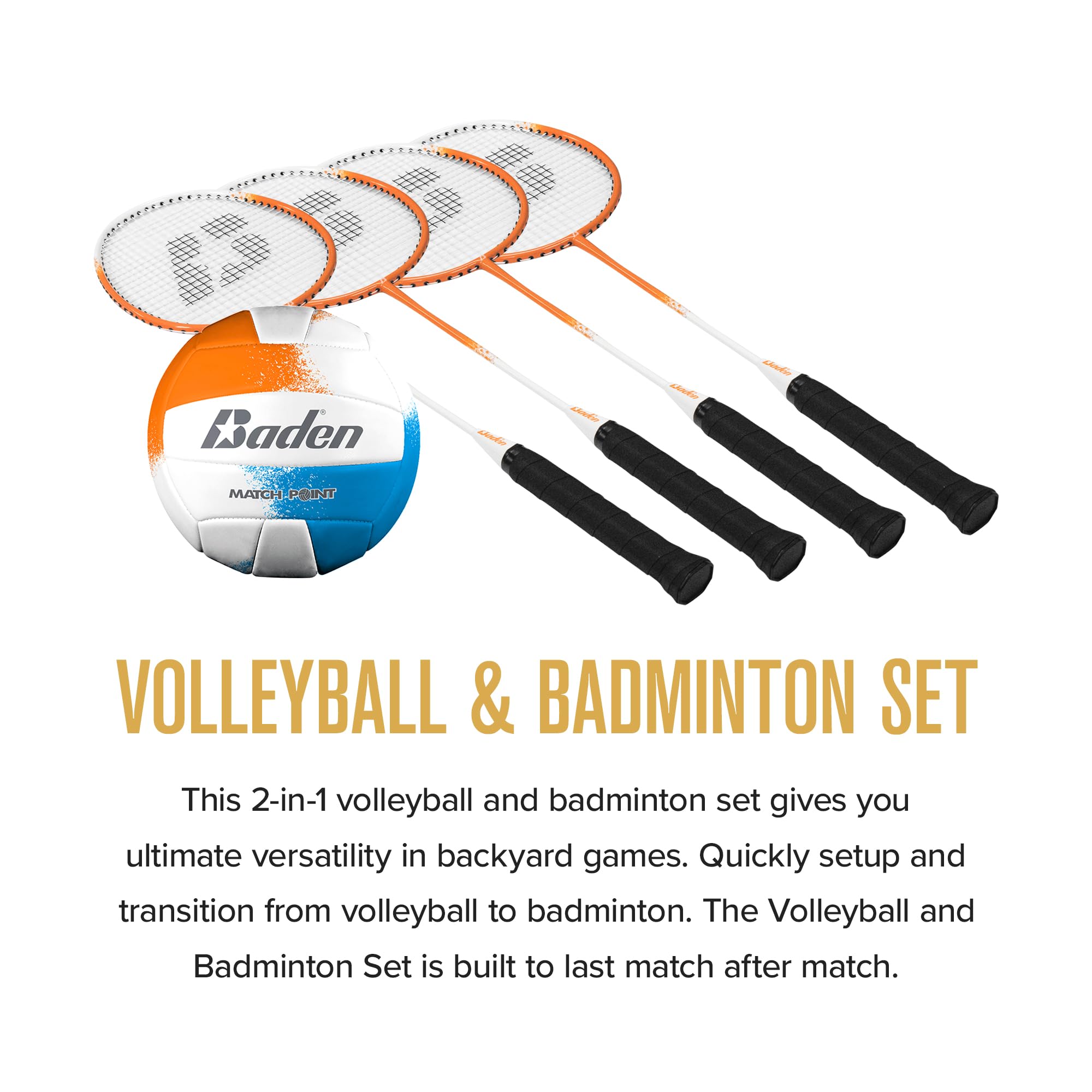 Baden Champions Volleyball/Badminton Portable Combo Set Orange/Blue Official Size 32 ft Wide Net + 4 Raquets + 3 Birdies + Boundary + Volleyball + Pump + Carry Bag