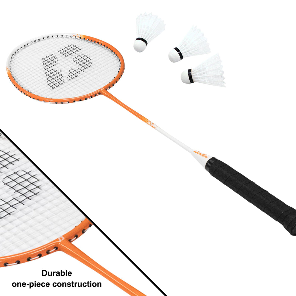 Baden Champions Volleyball/Badminton Portable Combo Set Orange/Blue Official Size 32 ft Wide Net + 4 Raquets + 3 Birdies + Boundary + Volleyball + Pump + Carry Bag