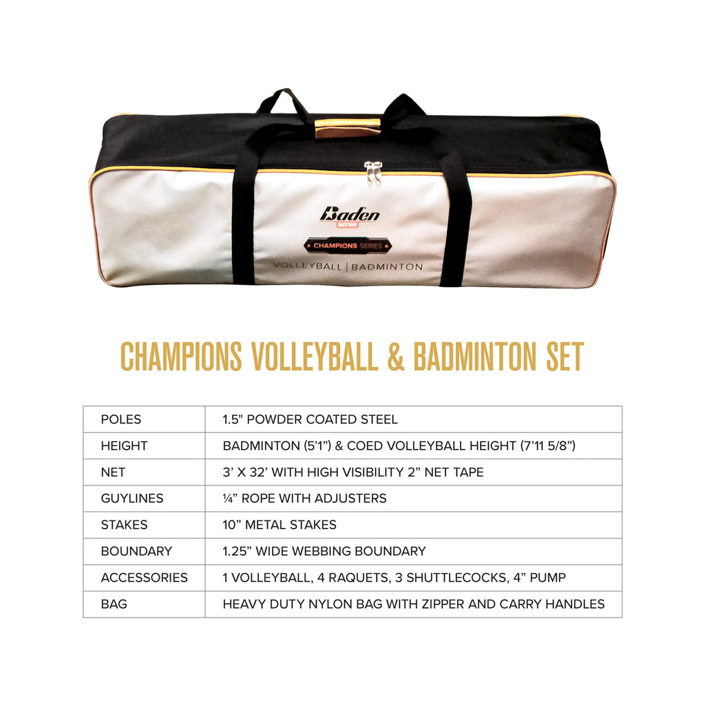 Baden Champions Volleyball/Badminton Portable Combo Set Orange/Blue Official Size 32 ft Wide Net + 4 Raquets + 3 Birdies + Boundary + Volleyball + Pump + Carry Bag