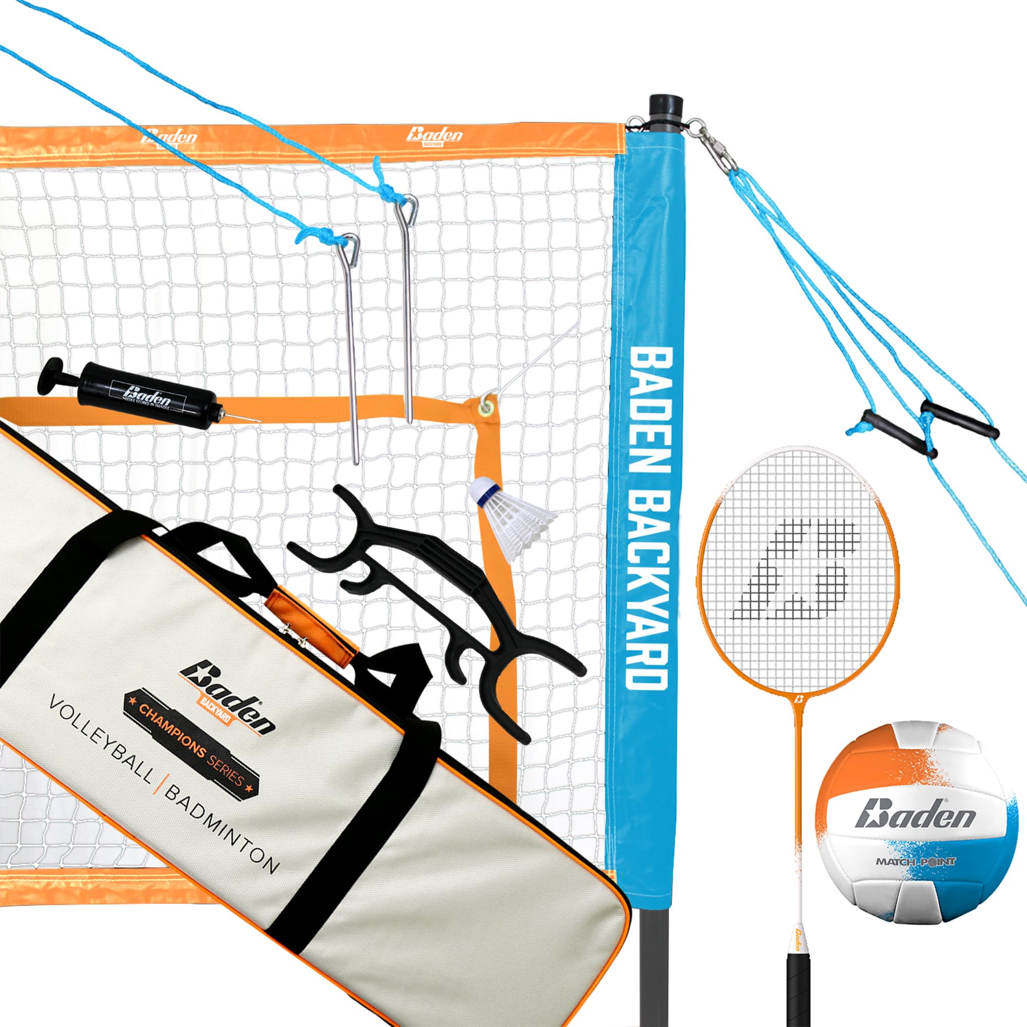 Baden Champions Volleyball/Badminton Portable Combo Set Orange/Blue Official Size 32 ft Wide Net + 4 Raquets + 3 Birdies + Boundary + Volleyball + Pump + Carry Bag
