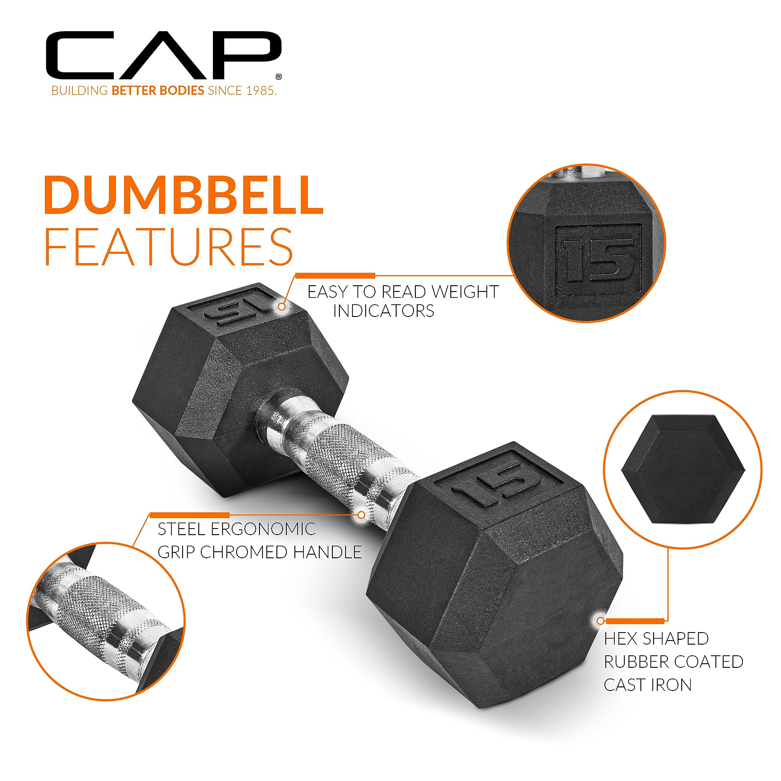 CAP Barbell 150 LB Coated Hex Dumbbell Weight Set with Vertical Rack, Orange, New Edition