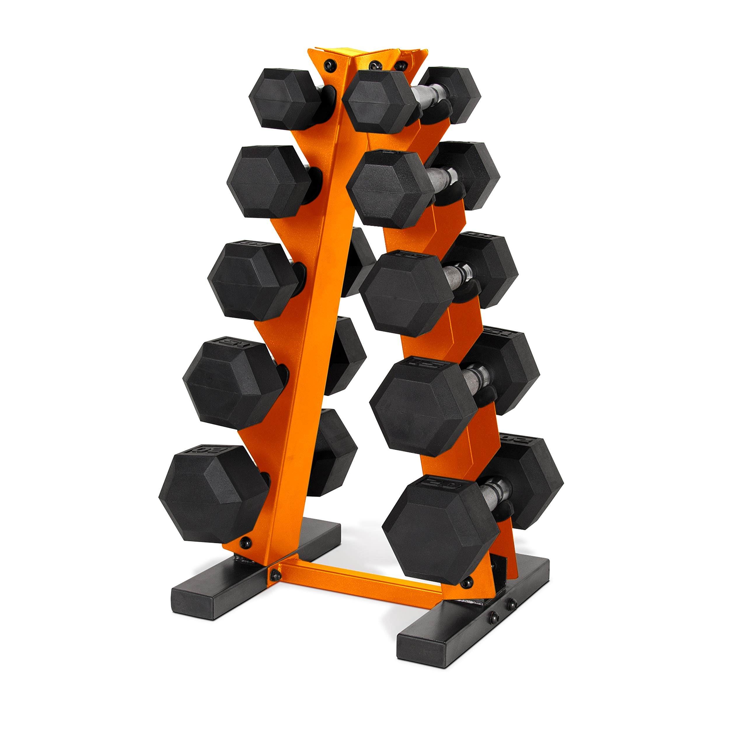 CAP Barbell 150 LB Coated Hex Dumbbell Weight Set with Vertical Rack, Orange, New Edition