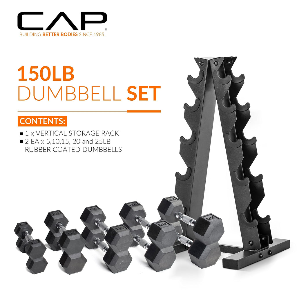 CAP Barbell 150 LB Coated Hex Dumbbell Weight Set with Vertical Rack, Orange, New Edition