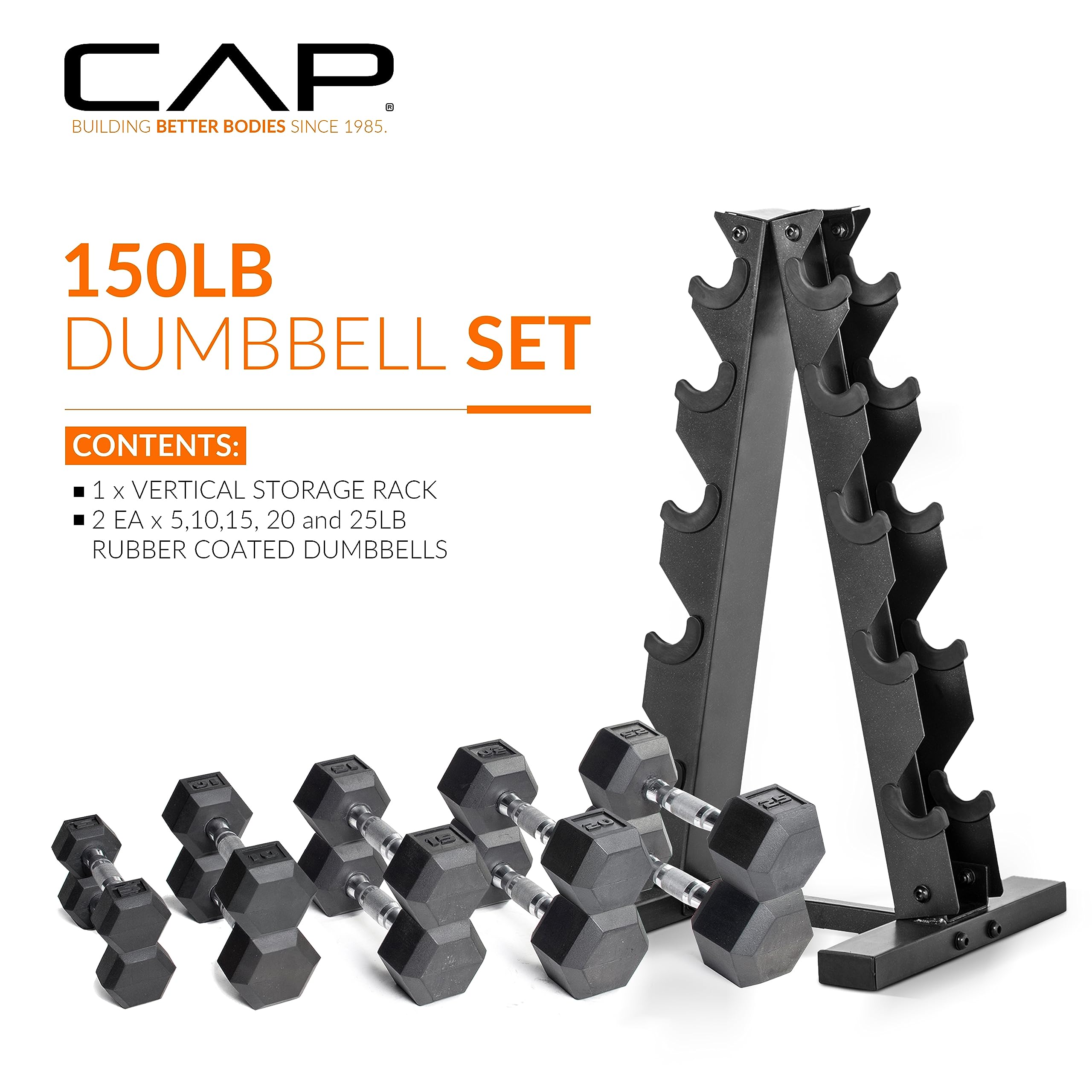 CAP Barbell 150 LB Coated Hex Dumbbell Weight Set with Vertical Rack, Orange, New Edition